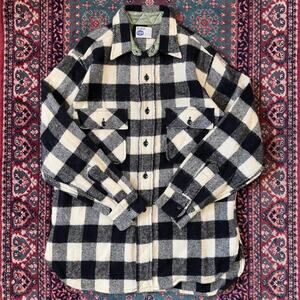 1950s 1960s Pilgrim by Sears Wool Flannel Button Up Buffalo Plaid Black White